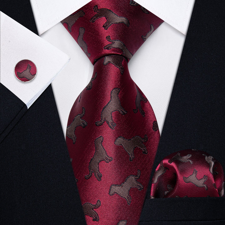  Burgundy Brown Jacquard Necktie Pocket Square Cufflinks Set