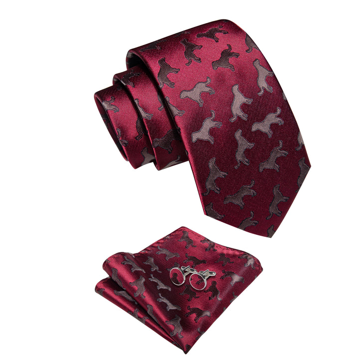  Burgundy Brown Jacquard Necktie Pocket Square Cufflinks Set