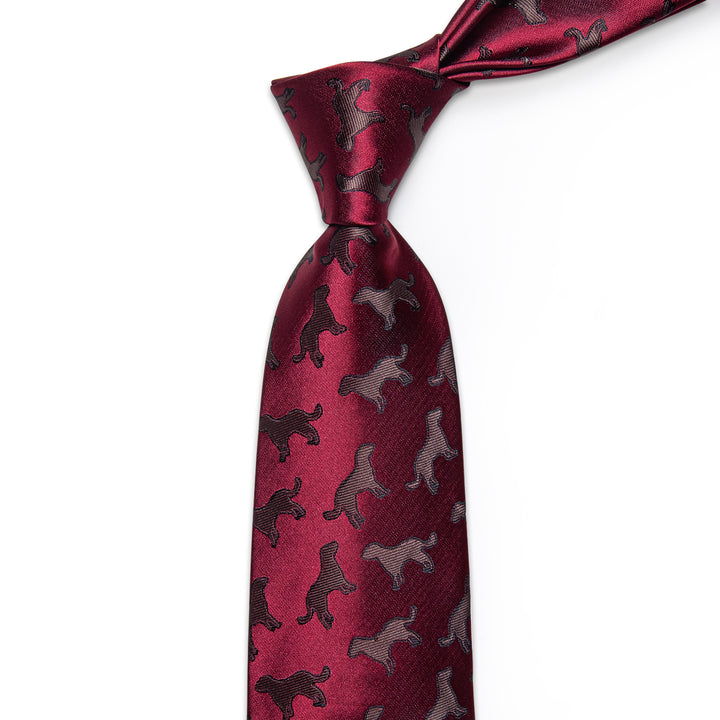  Burgundy Brown Jacquard Necktie Pocket Square Cufflinks Set