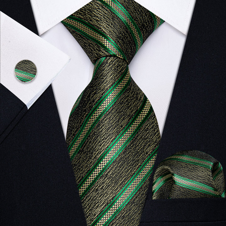 Green Yellow Striped Men's Necktie Pocket Square Cufflinks Set