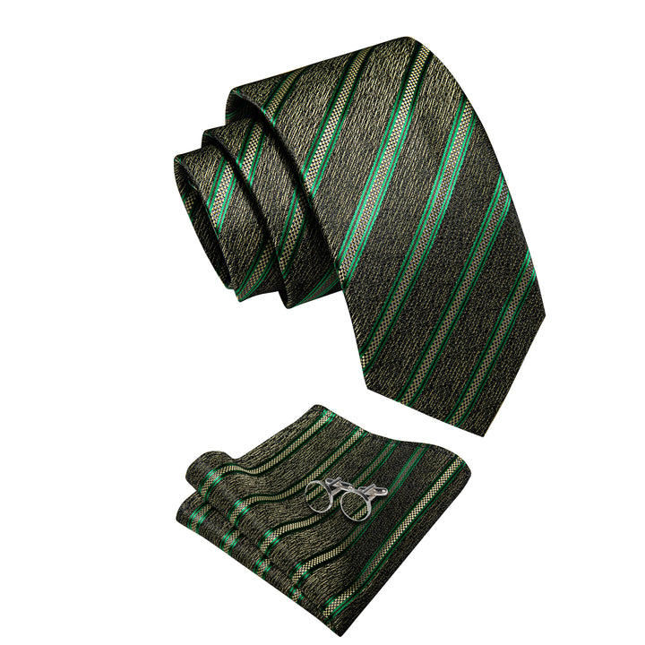 Green Yellow Striped Men's Necktie Pocket Square Cufflinks Set