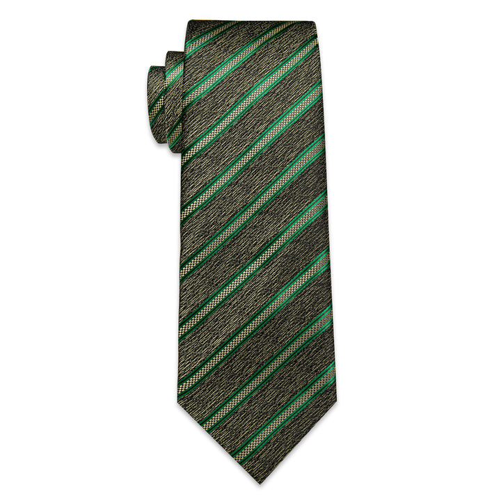 Green Yellow Striped Men's Necktie Pocket Square Cufflinks Set