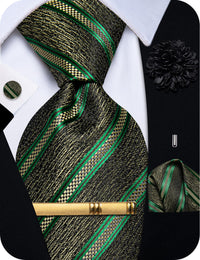 Tie Dark Khaki Green Stripes Jacquard Striped Necktie Set for Men