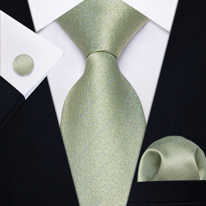 Shining Light Avocado Green Yellow Solid Necktie Hanky Cufflinks Set