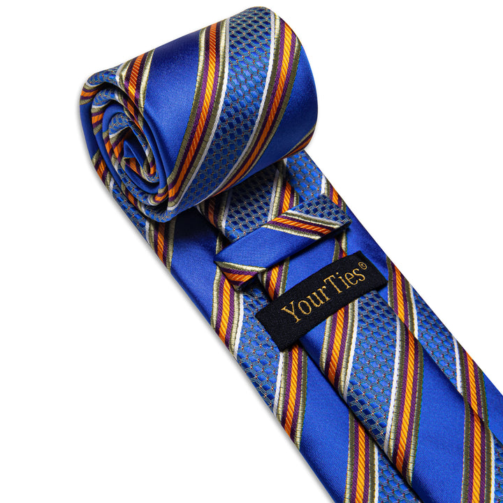 Blue Orange Striped Men's Necktie Pocket Square Cufflinks Set