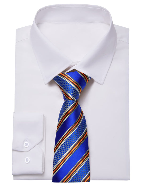 YourTies White Solid Long Sleeve Shirt with Cobalt Blue Striped Silk Tie for Men