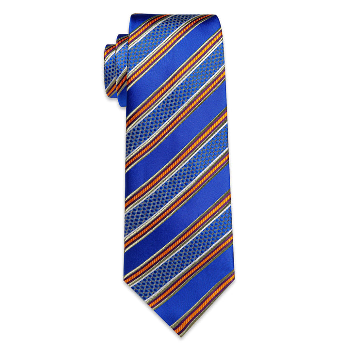 Blue Orange Striped Men's Necktie Pocket Square Cufflinks Set