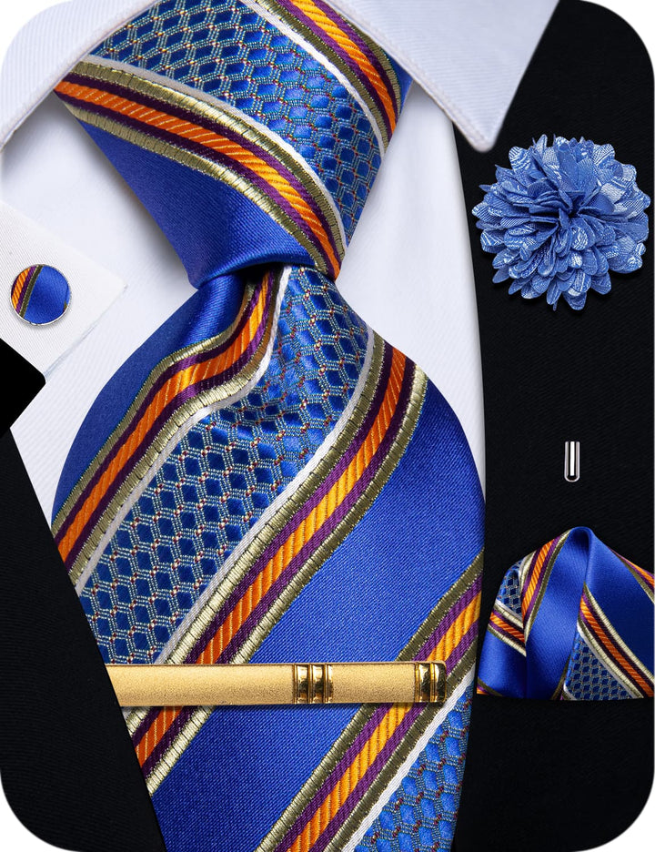  Men's Blue Striped Tie Orange Purple Pinstripes Necktie Set