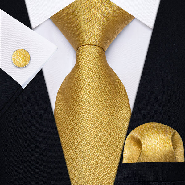 Gold Yellow Novelty Woven Men's Necktie Hanky Cufflinks Set