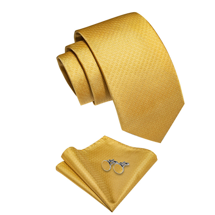 Gold Yellow Novelty Woven Men's Necktie Hanky Cufflinks Set