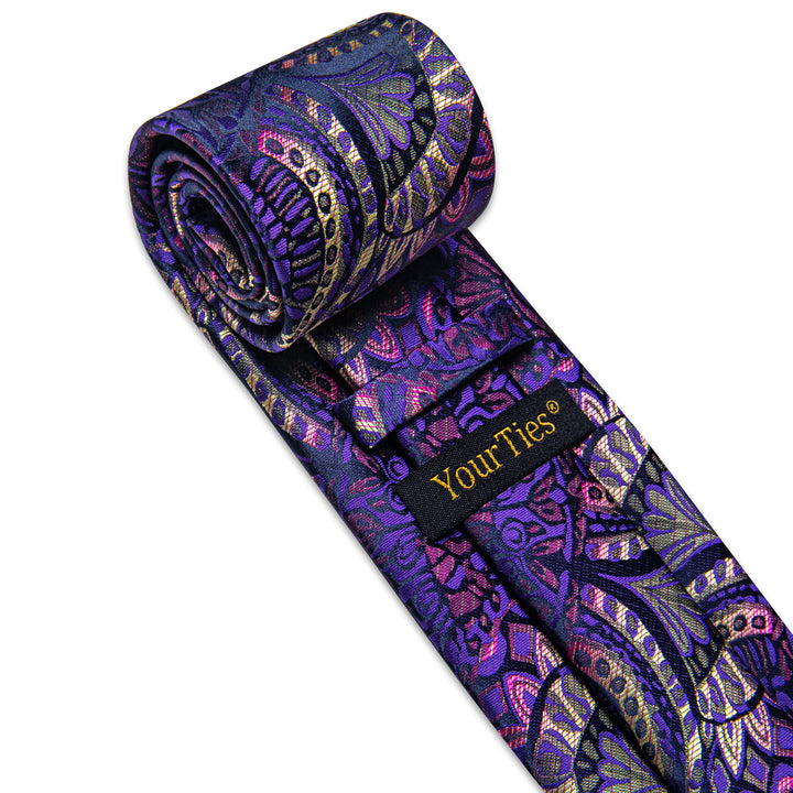 Purple Tie Paisley Men's Necktie Pocket Square Cufflinks Set