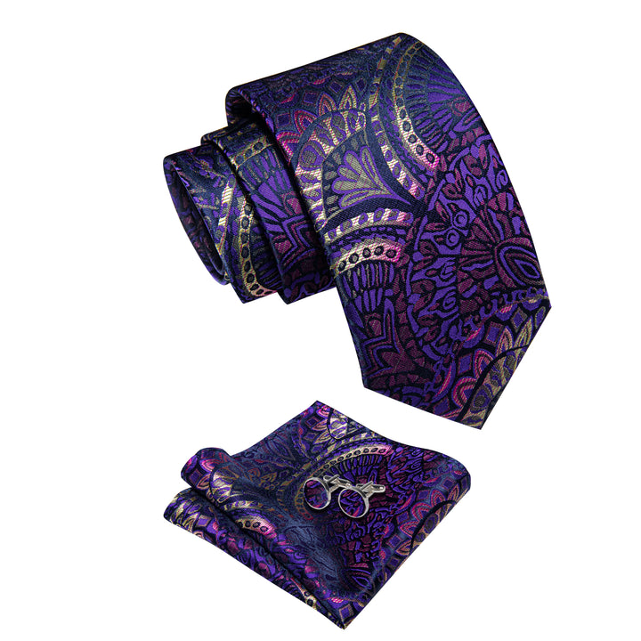 Purple Tie Paisley Men's Necktie Pocket Square Cufflinks Set