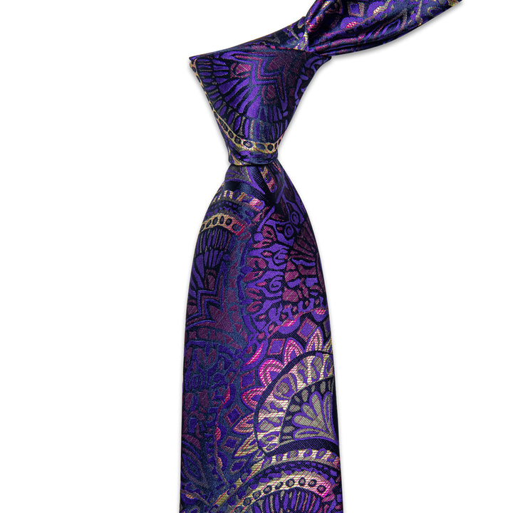 Purple Tie Paisley Men's Necktie Pocket Square Cufflinks Set