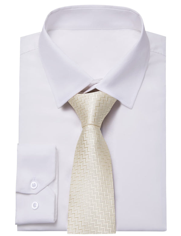 YourTies White Solid Long Sleeve Shirt with Linen White Novelty Silk Tie for Men