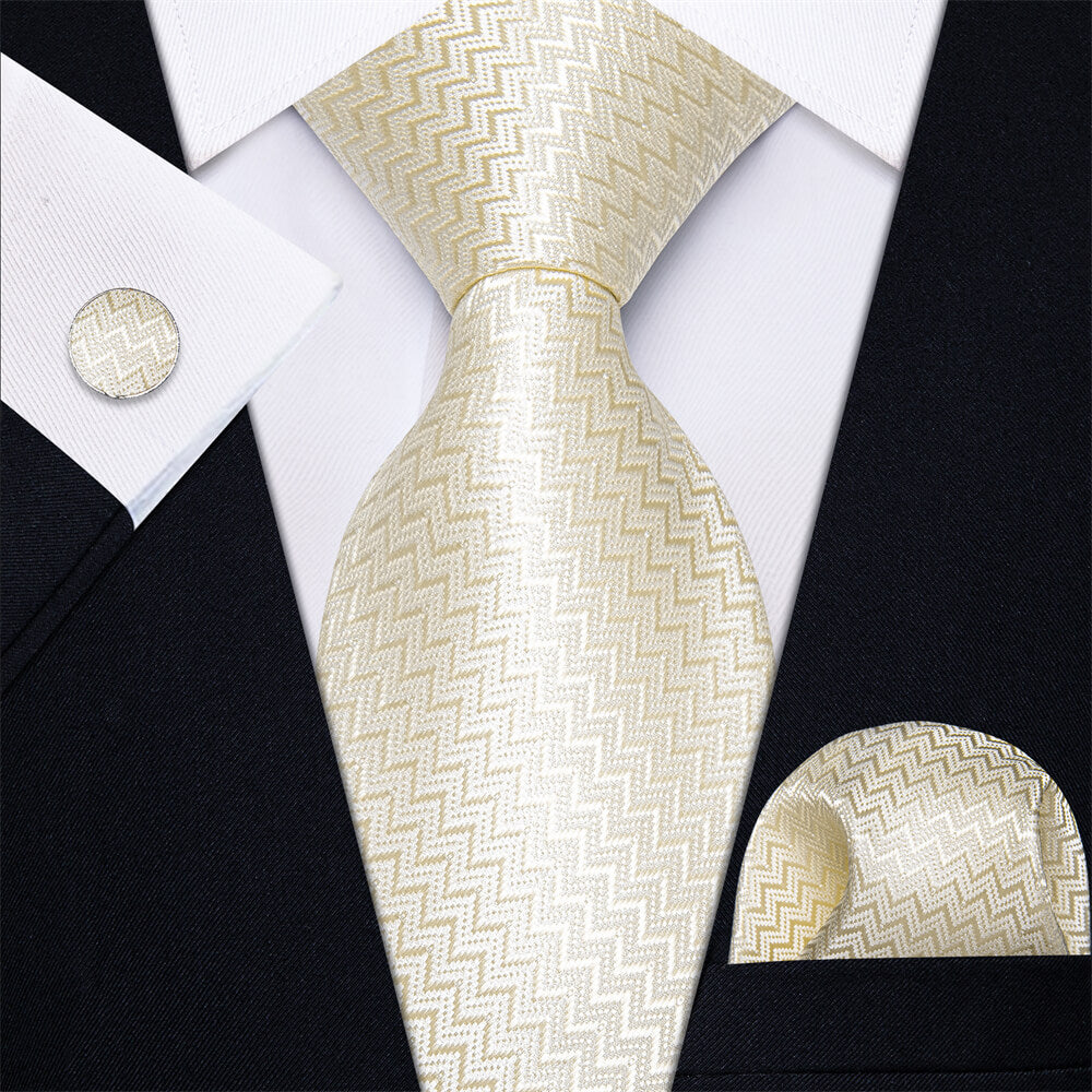 Yourties Gold Yellow Navy Striped Necktie Pocket Square Cufflinks Set