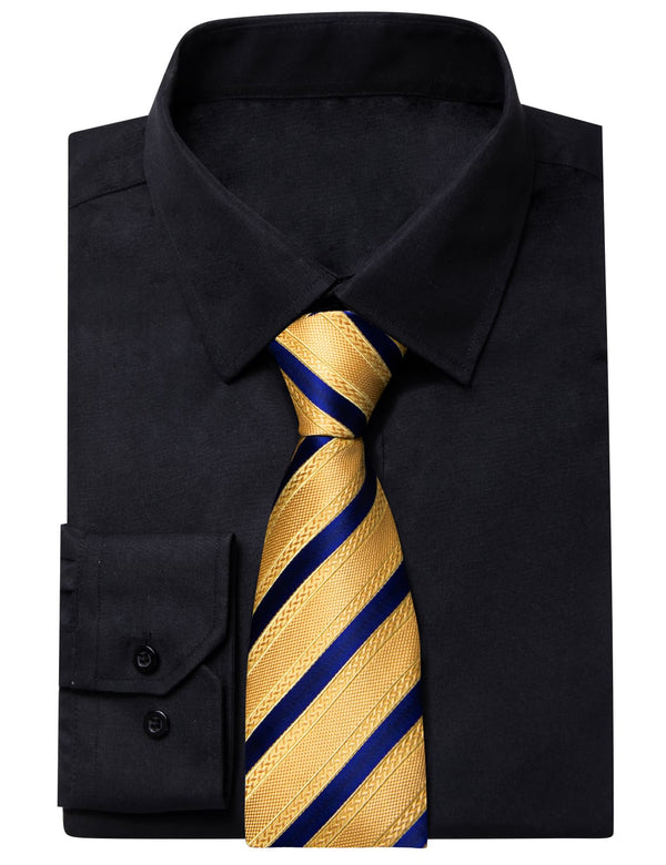 YourTies Black Solid Long Sleeve Shirt with Gold Blue Striped Silk Tie for Men