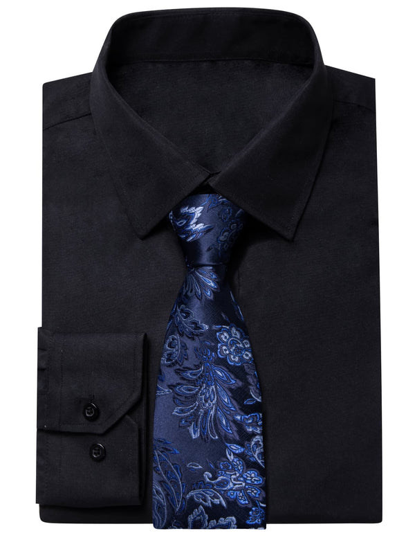 YourTies Black Solid Long Sleeve Shirt with Dark Blue Floral Silk Tie for Men