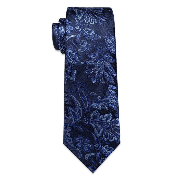 Navy Blue Floral Men's Necktie Pocket Square Cufflinks Set