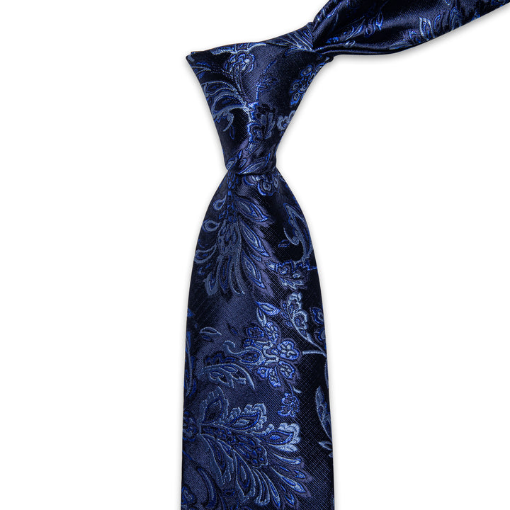 Navy Blue Floral Men's Necktie Pocket Square Cufflinks Set