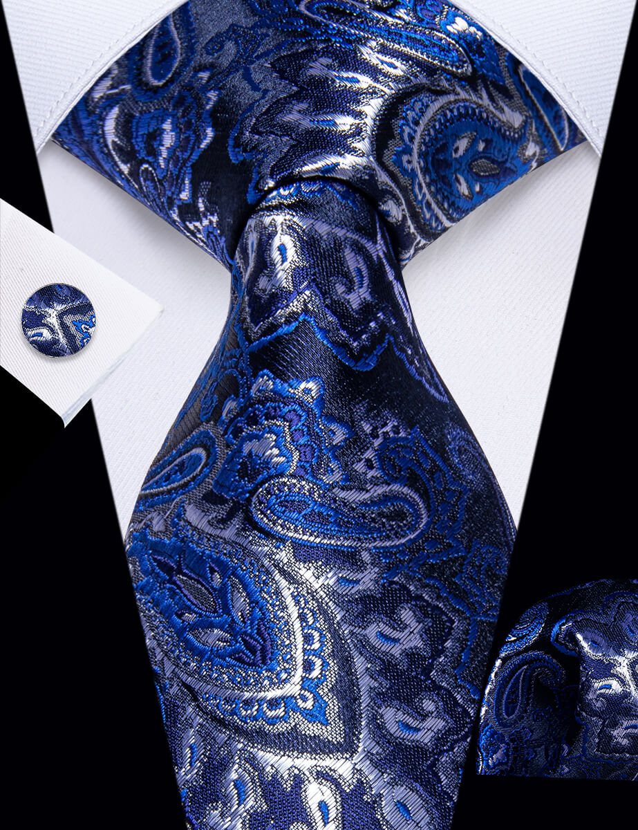 YourTies Navy Blue White Paisley Men's Tie Pocket Square Cufflinks Set