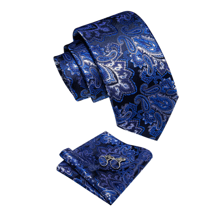 Navy Blue White Paisley Men's Tie Pocket Square Cufflinks Set