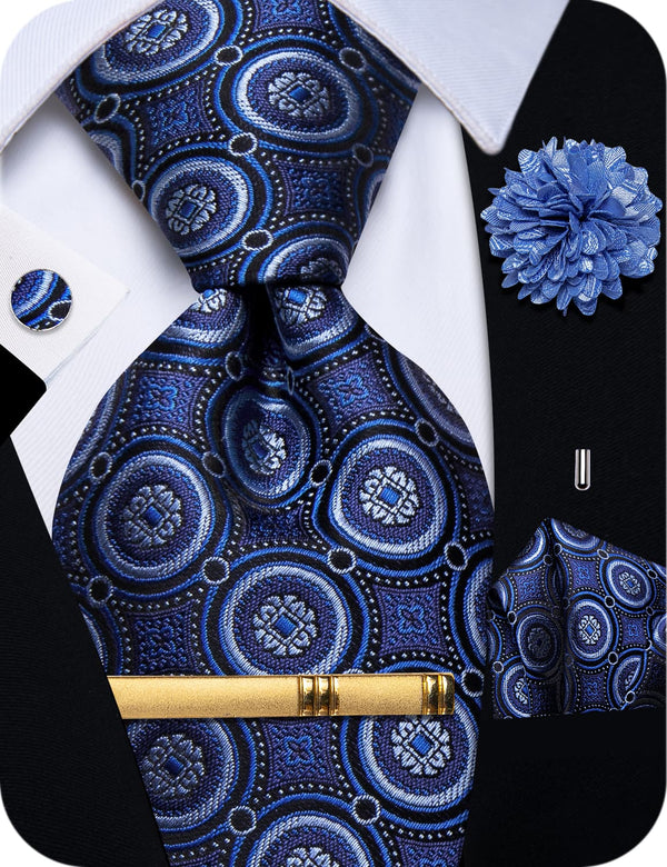 YourTies Navy Blue Geometry  Silk Men's Necktie Clip Set with Brooch