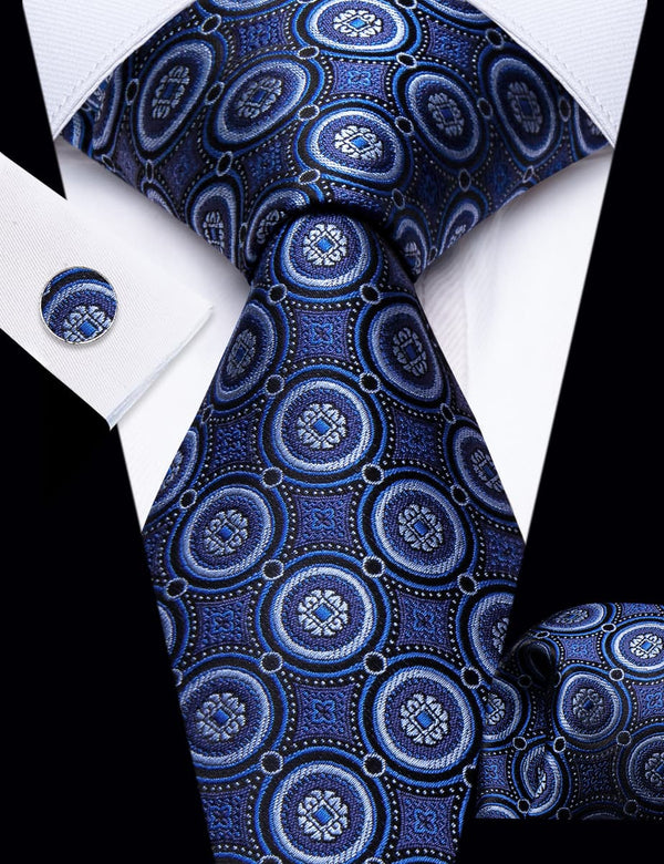 YourTies Navy Blue Novelty Geometry Pattern Silk Men's Necktie Set