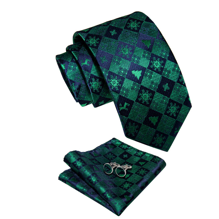  Christmas Green Blue Snow Novelty Men's Necktie Pocket Square Cufflinks Set