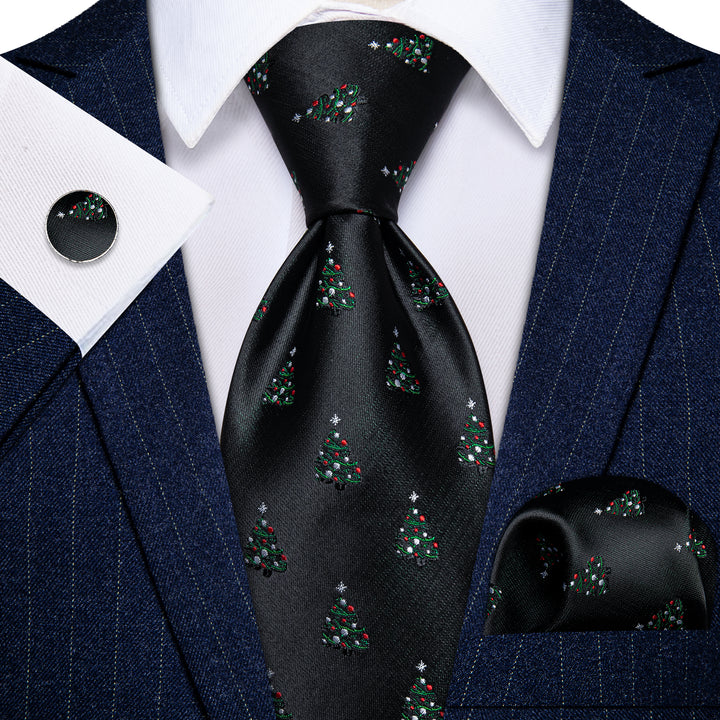 Black Christmas Tree Men's Necktie Pocket Square Cufflink Set