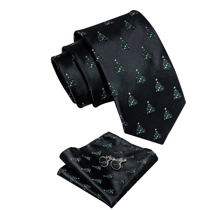 Black Christmas Tree Men's Necktie Pocket Square Cufflink Set