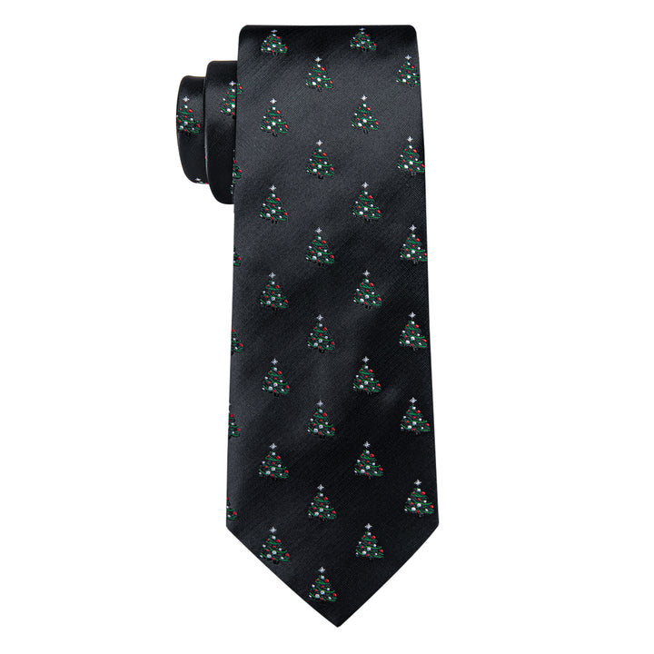 Black Christmas Tree Men's Necktie Pocket Square Cufflink Set