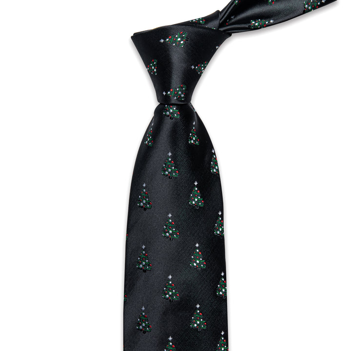 Black Christmas Tree Men's Necktie Pocket Square Cufflink Set