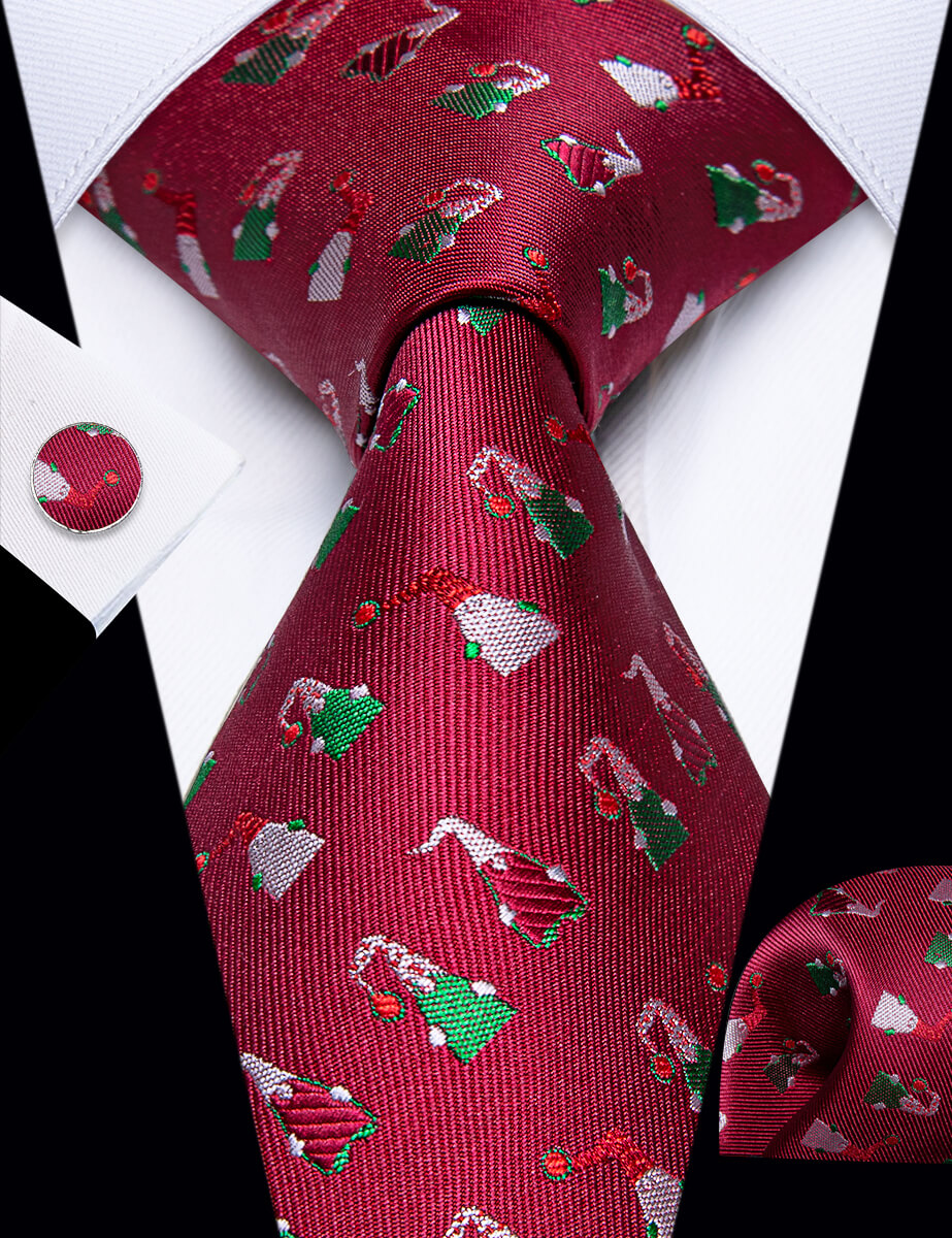 YourTies Red Christmas Hat Men's Necktie Pocket Square Cufflinks Set