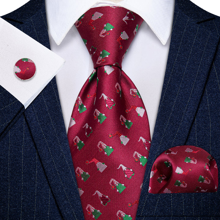 Red Christmas Hat Men's Necktie Pocket Square Cufflinks Set