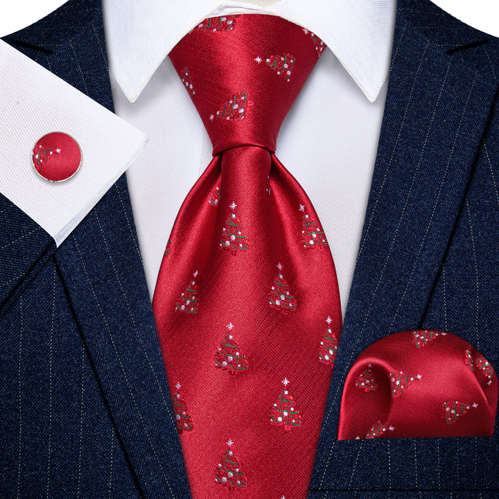 Red Christmas Tree Men's Necktie Pocket Square Cufflinks Set