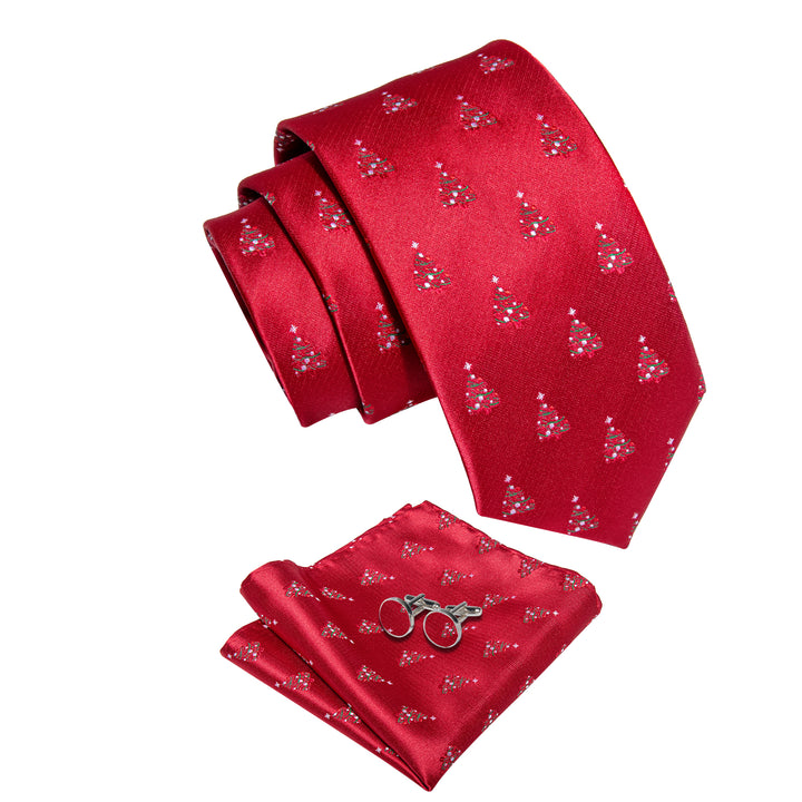 Red Christmas Tree Men's Necktie Pocket Square Cufflinks Set