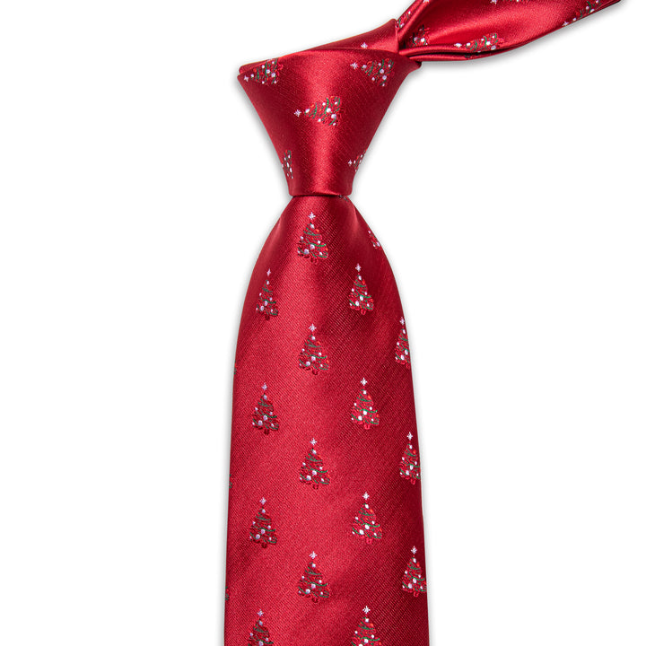 Red Christmas Tree Men's Necktie Pocket Square Cufflinks Set