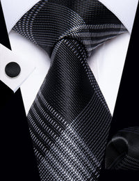 YourTies Black Men's Tie Light Grey Checkered Tie Hanky Cufflinks Set