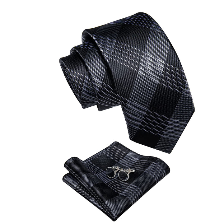  Black Men's Tie Light Grey Checkered Tie Hanky Cufflinks Set