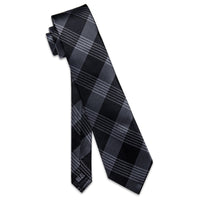  Black Men's Tie Light Grey Checkered Tie Hanky Cufflinks Set