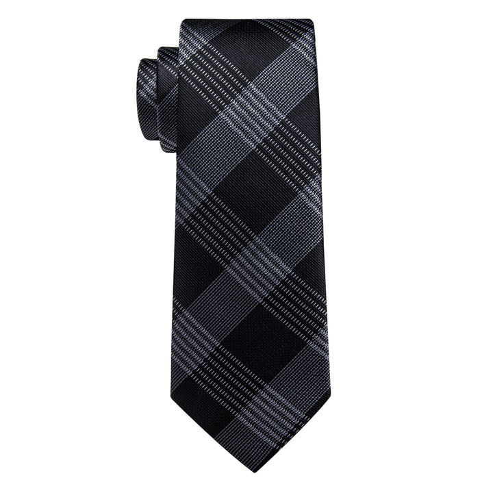  Black Men's Tie Light Grey Checkered Tie Hanky Cufflinks Set