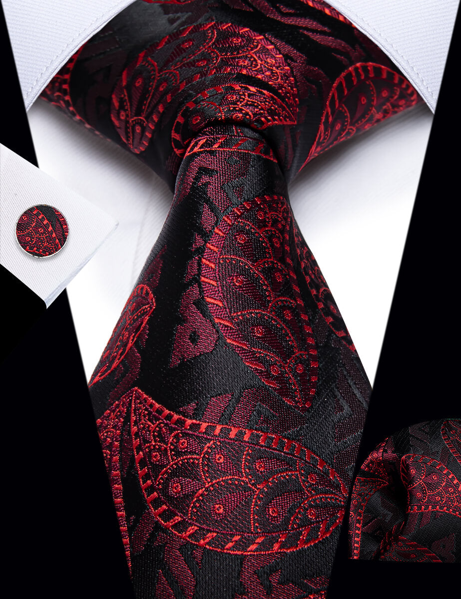 YourTies Red Jacquard Paisley Black Necktie Pocket Square Cufflink Set