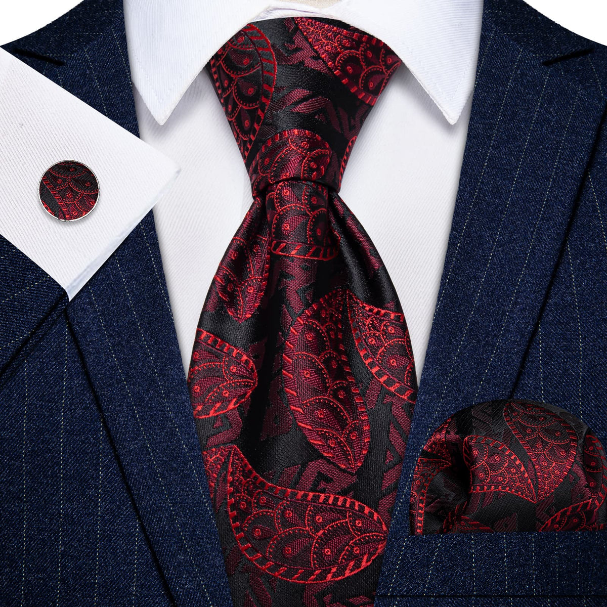  Red Jacquard Paisley Black Necktie Pocket Square Cufflink Set