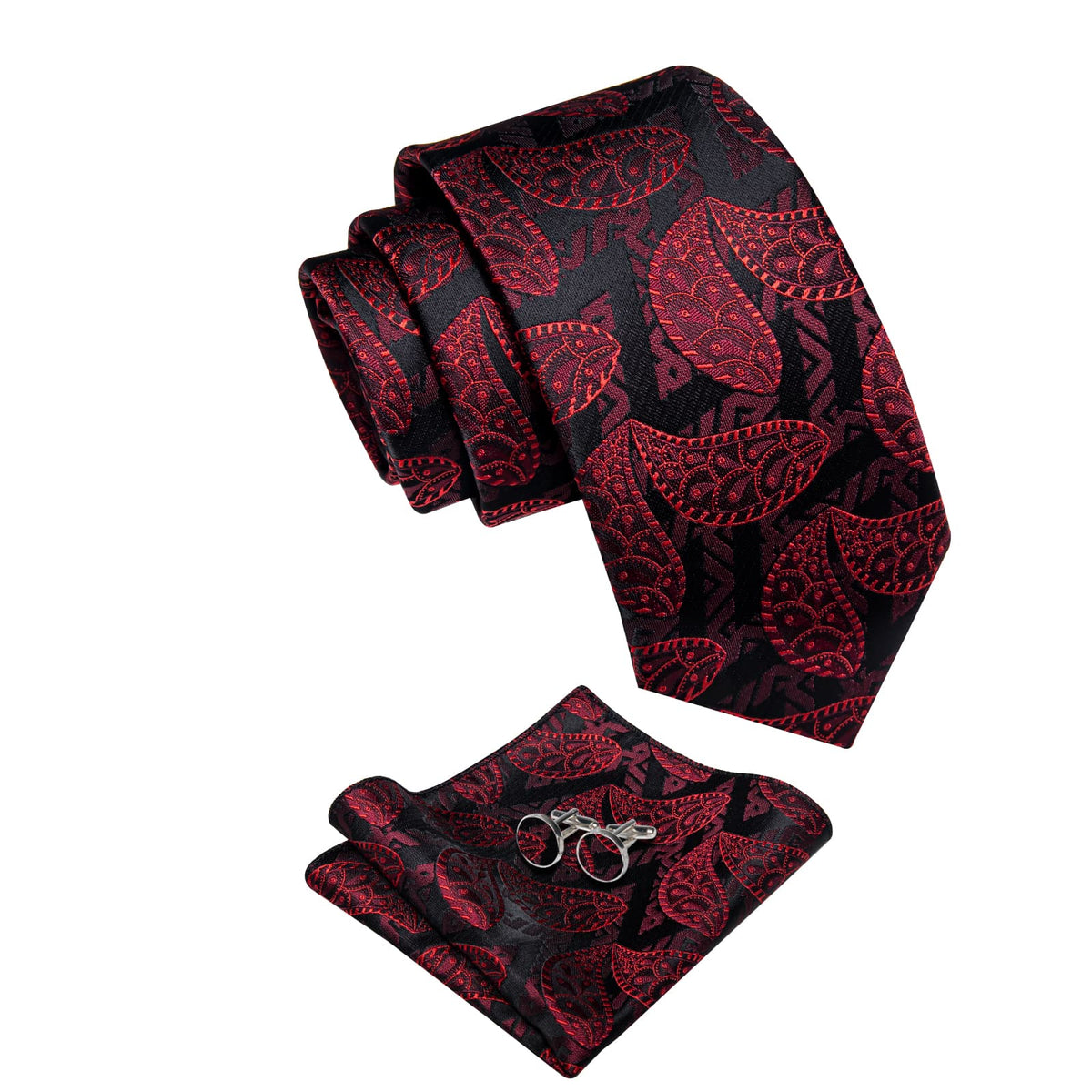  Red Jacquard Paisley Black Necktie Pocket Square Cufflink Set