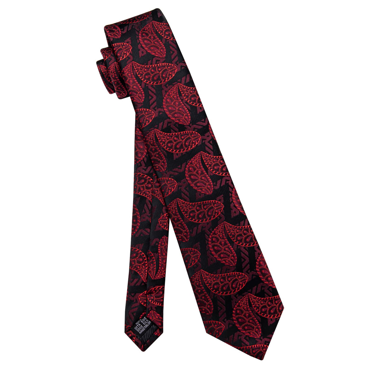  Red Jacquard Paisley Black Necktie Pocket Square Cufflink Set