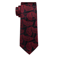  Red Jacquard Paisley Black Necktie Pocket Square Cufflink Set