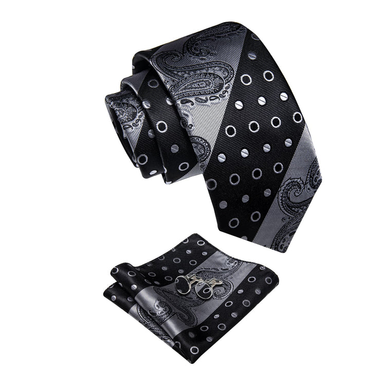 Black Dark Grey Wedding TIe Polka Dot Tie Hanky Cufflinks Set