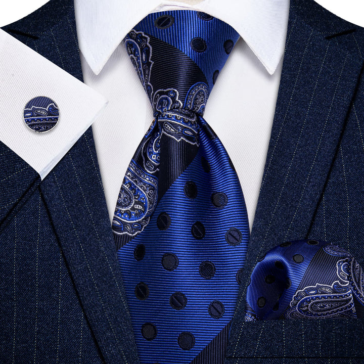  Dark Royal Blue Wedding TIe Polka Dot Tie Hanky Cufflinks Set