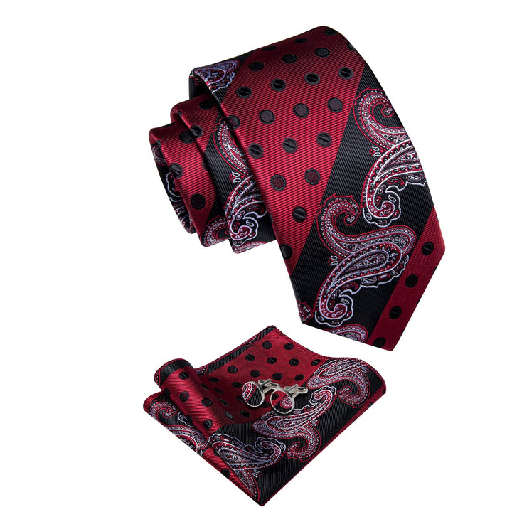 Black Red Silver Novelty TIe Polka Dot Tie Hanky Cufflink Set