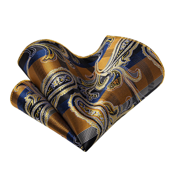  Black Blue Gold NecktIe Men's Paisley Tie Hanky Cufflinks Set